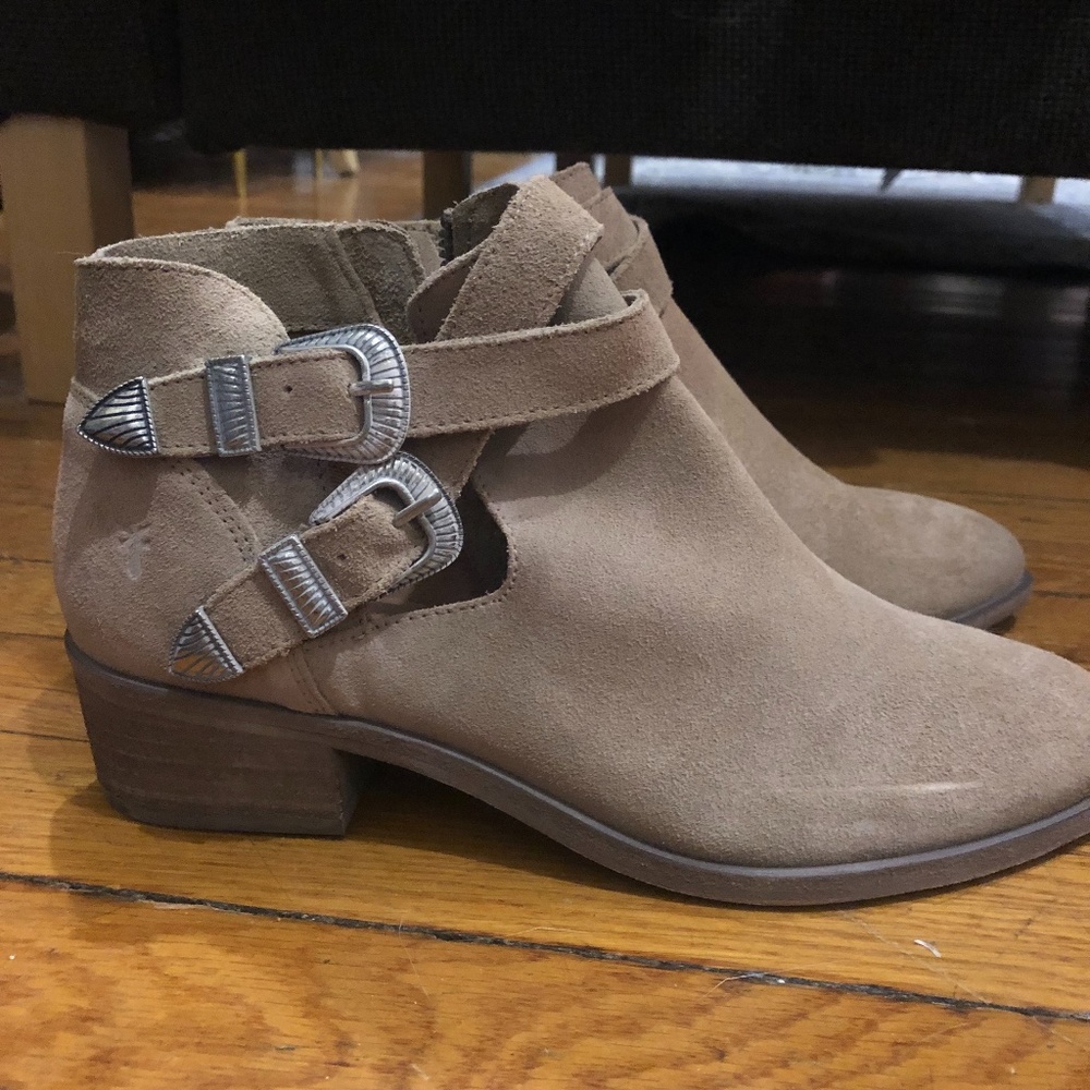 suede Frye ankle boots with silver buckles